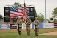 The 85th U.S. Army Reserve Support Command color guard team presents the Nation’s Colors during the Schaumburg Boomers’ Memorial Day home game, May 31, 2021, against the Gateway Grizzlies.