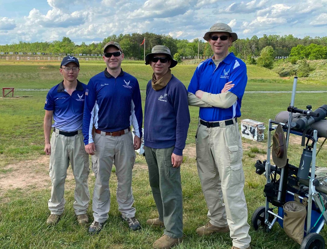 Left to right, Staff Sgt. Christopher DeForge of the 497th Intelligence, Surveillance and Reconnaissance Group, Office of Special Investigations Special Agent Sean Foster, Lt. Col. Mark Gould from the U.S. Space Force, Space and Missile Systems Center  and OSI SA Robert Davis formed the first Air Force Shooting Team to ever compete in rifle at the 59th Annual Atlantic Fleet and All Navy (East) Rifle and Pistol Championships at Marine Corps Base Quantico, Va., May 15-22, 2021. (Courtesy photo)