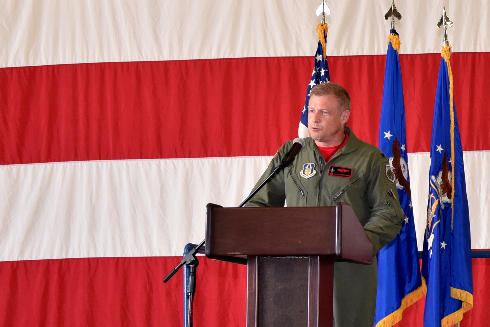 Col. Allen Duckworth, 301st Fighter Wing commander, presided over the 301st Fighter Wing Operations Group change of command ceremony, June 6, 2021, at U.S. Naval Air Station Joint Reserve Base Fort Worth, Texas. Duckworth welcomed Col. Benjamin Harrison as the new 301 FW OG commander. (U.S. Air Force photo by Staff Sgt. Randall Moose)