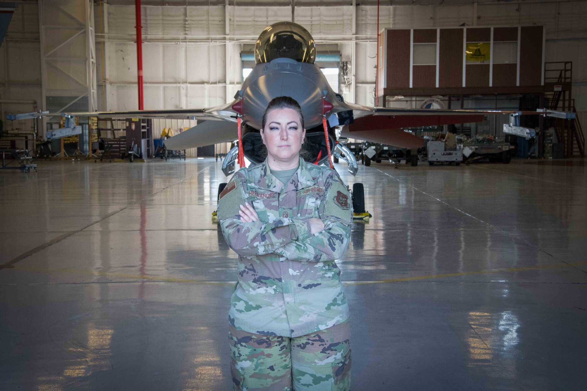 First Sergeant Cassandra Hernandez stands ready in front of a 301st Fighter wing jet at U.S. Naval Air Station Joint Reserve Base Fort Worth, Texas. Regardless of rank or duty status, the first sergeant is an accessible resource to all Airman. (U.S. Air Force photo by Senior Airman William Downs)