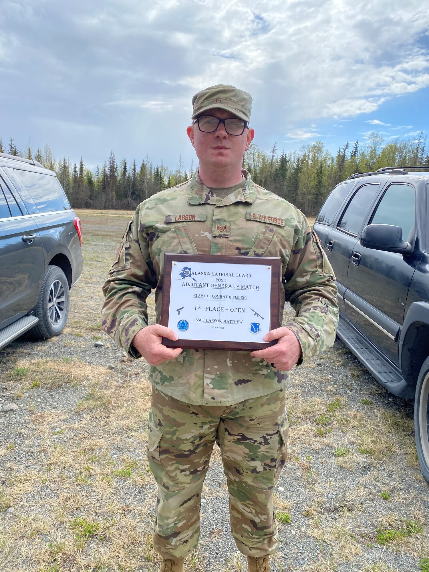 Alaska Air National Guard Staff Sgt. Matthew Larson, a security forces member with the 168th Wing, 268th Security Forces Squadron, poses for a photo after the annual Adjutant General Match, May 16, 2021.