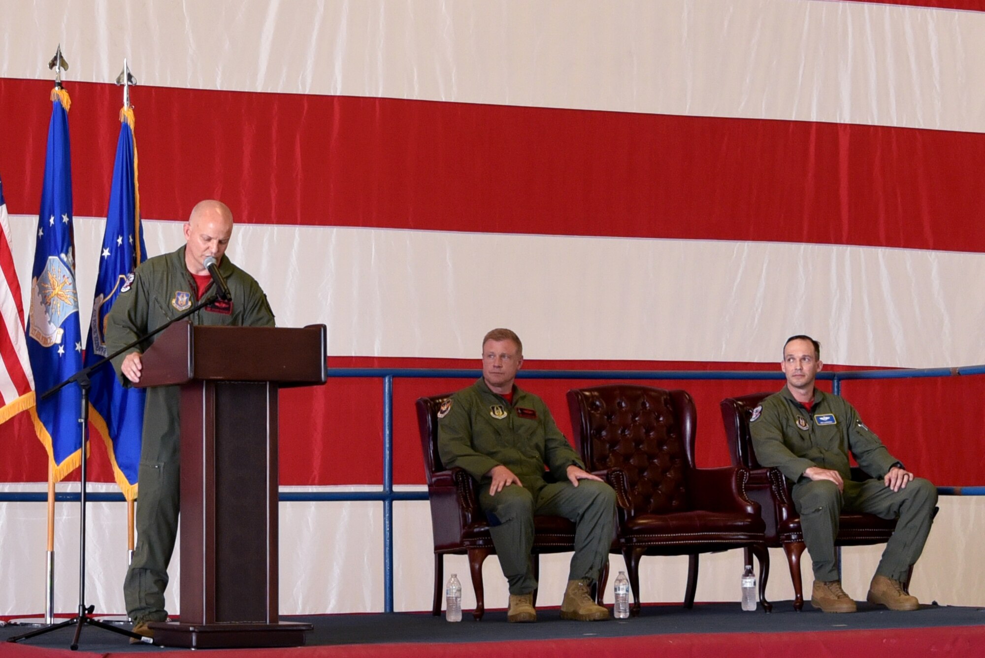 Col. Joshua Padgett, outgoing 301st Operations Group commander, says farewell to the wing's Airmen during the 301 FW OG change of command ceremony, June 6, 2021, at U.S. Naval Air Station Joint Reserve Base Fort Worth, Texas. The ceremony signified relinquishment of command from Padgett to Col. Benjamin Harrison. (U.S. Air Force photo by Staff Sgt. Randall Moose)