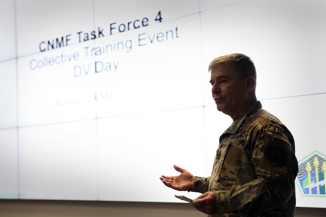 Maj. Gen. Joe Hartman. U.S. Cyber Command, Cyber National Mission Force commander, speaks about the importance of training and readiness at Fort George G. Meade, Md., May 24, 2021.