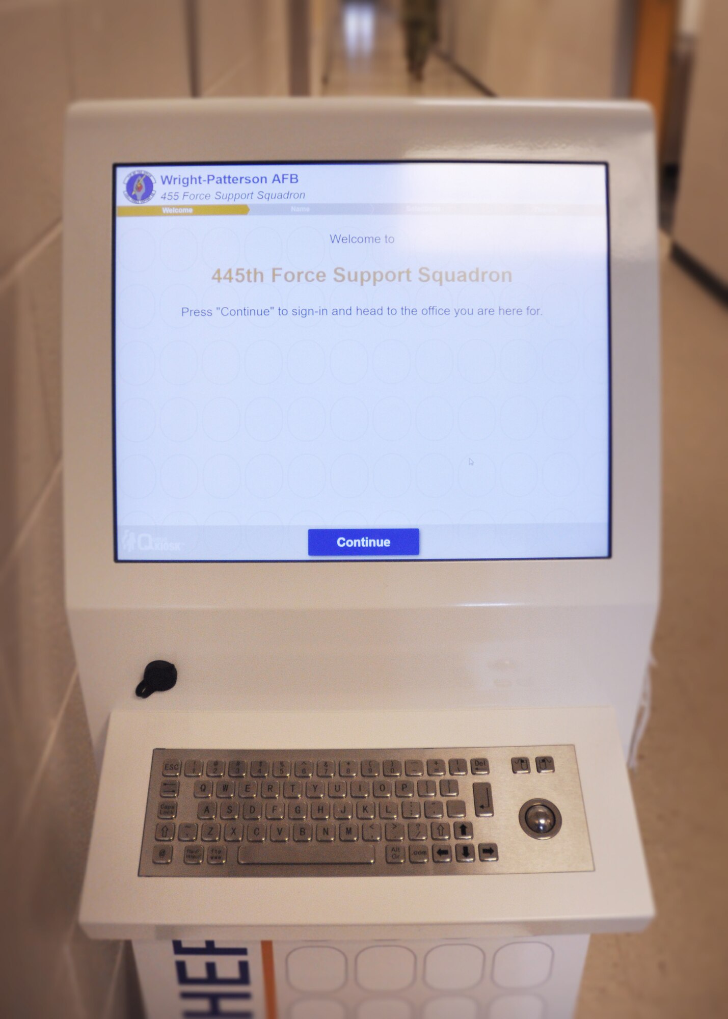 Customers seeking services from the 445th Force Support Squadron are greeted by a new, digital sign in system. Featuring a user-friendly interface, the kiosk adds customers to the queue for each office located within FSS.
