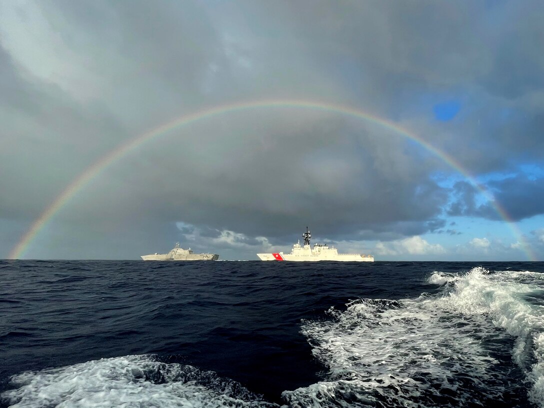 The crews of the Coast Guard Cutter Kimball (WMSL 756) and the USS Tulsa (LCS 16) conduct a passing exercise in the Pacific, April 3, 2021. The Kimball was underway conducting an expeditionary patrol which covered approximately 20,000 nautical miles. (U.S. Coast Guard photo courtesy of the Coast Guard Cutter Kimball)