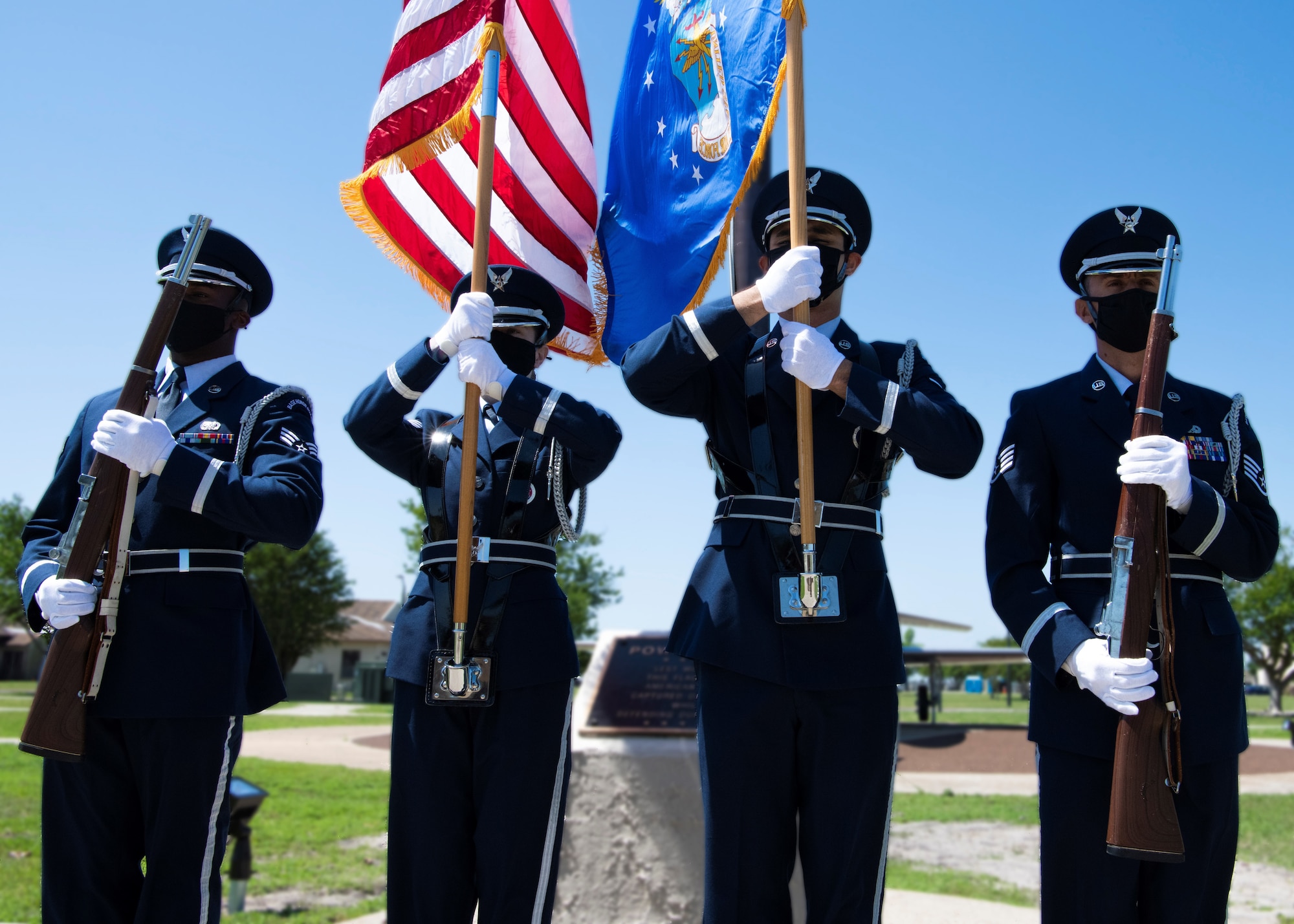 Honor guard members hold the position of port arms during a colors ceremony formation at Tyndall Air Force Base, Florida, April 19, 2021.