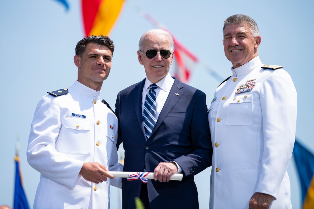 President Joseph R. Biden Jr. delivered the keynote address at the Coast Guard Academy during the 140th Commencement Exercises May 19, 2021. The Coast Guard Academy graduated 240 new officers along with seven international students. (U.S. Coast Guard photo by Petty Officer 3rd Class Matthew Thieme)