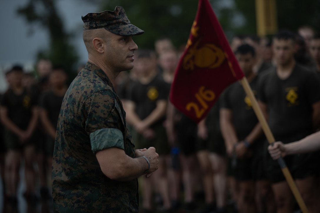 U.S. Marine Corps Sgt. Maj. Jonathan Wyble, sergeant major of Marine Corps Air Station Beaufort, speaks after a memorial workout on Camp Lejeune, N.C., June 4, 2021. Several members across the community and across the Marine Corps attended the event, honoring Cpl. Albert Gettings, a Marine who was killed by enemy fire during Operation Iraqi Freedom in 2006. The event exemplified Gettings’ characteristics of unwavering dedication, esprit de corps, and steadfast discipline. (U.S. Marine Corps photo by Lance Cpl. Jacqueline Parsons)