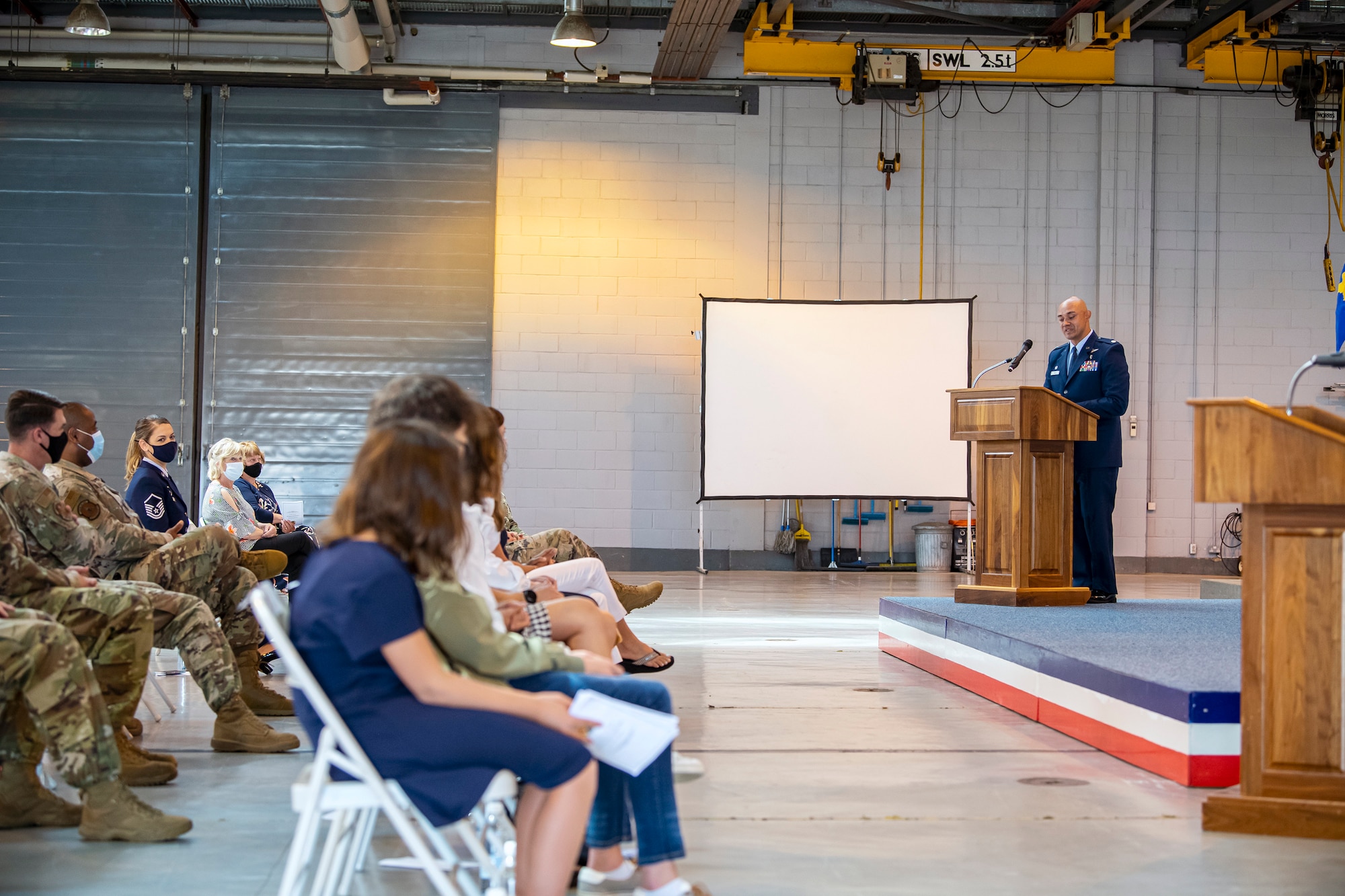 Lt. Col. Darrell Lee, 423rd Medical Squadron incoming commander, speaks during a change of command ceremony at RAF Alconbury, England, June 7, 2021. Prior to assuming command of the 423rd MDS, Lee served as the clinical management flight commander for the 18th Aeromedical Evacuation Squadron, Kadena Air Base, Japan. (U.S. Air Force photo by Senior Airman Eugene Oliver)