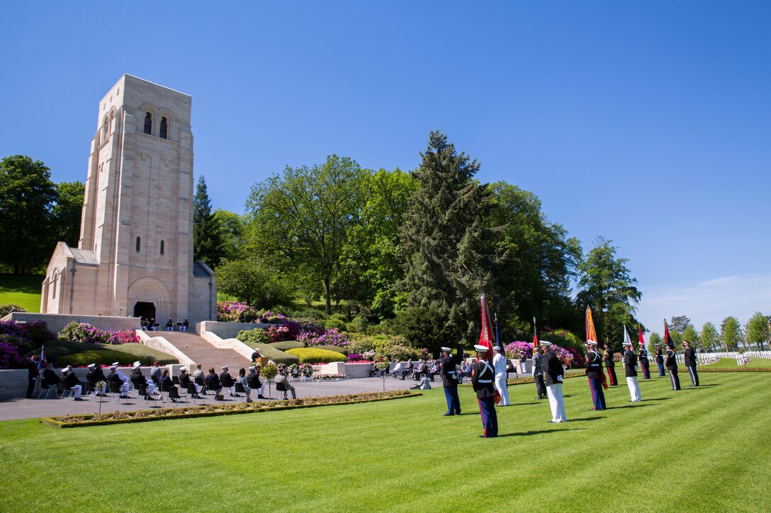 Maj. Gen. Tracy W. King, Marine Forces Europe and Africa commander, gives a speech during a ceremony at Aisne-Marne American Cemetery in Belleau, France, May 30, 2021. The ceremony was held Memorial Day weekend in commemoration of the 103rd anniversary of the battle of Belleau Wood, conducted to honor the legacy of service members who gave their lives in defense of the United States and European allies.  U.S. Marines and Sailors from Marine Corps Forces Europe and Africa, 5th Marine Regiment, 6th Marine Regiment, 1st Marine Division band, U.S. Soldiers from the Army 26th Infantry Division, 2nd Infantry Division representatives, German and French service members, and local officials participated in the ceremony. The joint color guard included the U.S. Army colors, a first for the historic ceremony. This was the first time since the battle over a century ago that U.S. Marine Corps, U.S. Army, U.S. Navy, French, and German service members were all present for the ceremonies.  (U.S. Marine Corps photo by Staff Sgt. Brytani Musick)