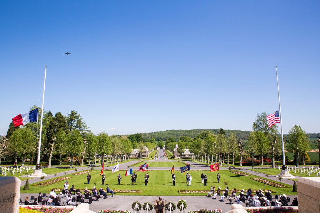 A KC-135 conducts a ceremonial flight over the Aisne-Marne American Cemetery in Belleau, France, May 30, 2021. The ceremony was held Memorial Day weekend in commemoration of the 103rd anniversary of the battle of Belleau Wood, conducted to honor the legacy of service members who gave their lives in defense of the United States and European allies. 
U.S. Marines and Sailors from Marine Corps Forces Europe and Africa, 5th Marine Regiment, 6th Marine Regiment, 1st Marine Division band, U.S. Soldiers from the Army 26th Infantry Division, 2nd Infantry Division representatives, German and French service members, and local officials participated in the ceremony. The joint color guard included the U.S. Army colors, a first for the historic ceremony. This was the first time since the battle over a century ago that U.S. Marine Corps, U.S. Army, U.S. Navy, French, and German service members were all present for the ceremonies.  (U.S. Marine Corps photo by Staff Sgt. Brytani Musick)