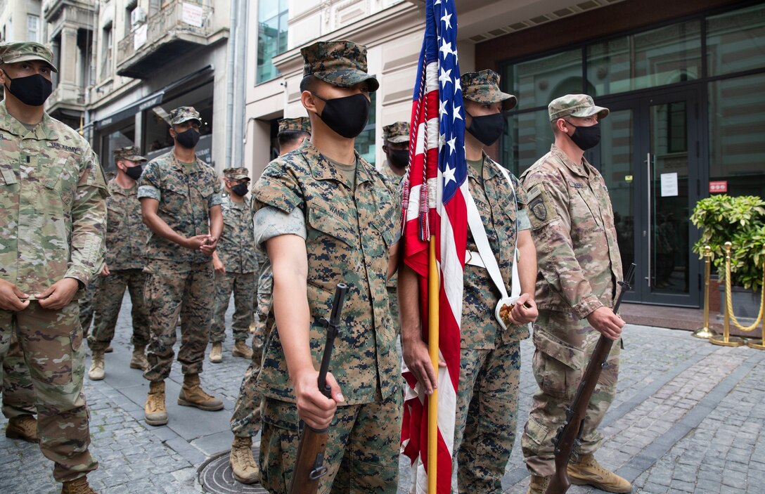 U.S. Marines and Army Soldiers wait for the commencement of the Georgian Independence Day ceremony at Freedom Square in Tbilisi, Georgia, on May 26, 2021. On this day, Georgia celebrates the adoption of the Act of Independence, which established the Democratic Republic of Georgia in 1918. This is also the country’s 30th year as a free and independent nation since its separation from the former Soviet Union. Marines from the 13th rotation of the Georgia Deployment Program-Resolute Support Mission, Georgia Training Team, and Soldiers from the 2nd Battalion, 5th Calvary Regiment, 1st Calvary Division were the only foreign servicemembers invited to participate together with the troops of the Georgian Defence Forces during the celebration. These Marines represent the final GDP rotation to Georgia before the mission is sunset in the fall of this year due to the decision for U.S. troops to leave Afghanistan. For the past 17 years, U.S. Marines and Georgian troops have trained and deployed together, even fighting side-by-side, in support of various missions in the Middle East. (U.S. Marine Corps photo by Sgt. Kirstin Spanu)