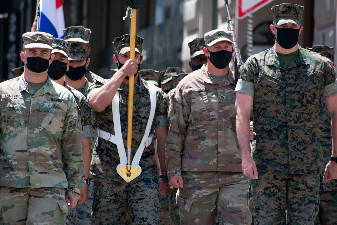U.S. Marines and Army Soldiers practice during a rehearsal for the Georgian Independence Day celebration at Freedom Square in Tbilisi, Georgia, on May 25, 2021. On May 26, Georgia celebrates the adoption of the Act of Independence, which established the Democratic Republic of Georgia in 1918. This is also the country’s 30th year as a free and independent nation since its separation from the former Soviet Union. Marines from the 13th rotation of the Georgia Deployment Program-Resolute Support Mission, Georgia Training Team, and Soldiers from the 2nd Battalion, 5th Calvary Regiment, 1st Calvary Division were the only foreign servicemembers invited to participate together with the troops of the Georgian Defence Forces during the celebration. These Marines represent the final GDP rotation to Georgia before the mission is sunset in the fall of this year due to the decision for U.S. troops to leave Afghanistan. For the past 17 years, U.S. Marines and Georgian troops have trained and deployed together, even fighting side-by-side, in support of various missions in the Middle East. (U.S. Marine Corps photo by Sgt. Kirstin Spanu)