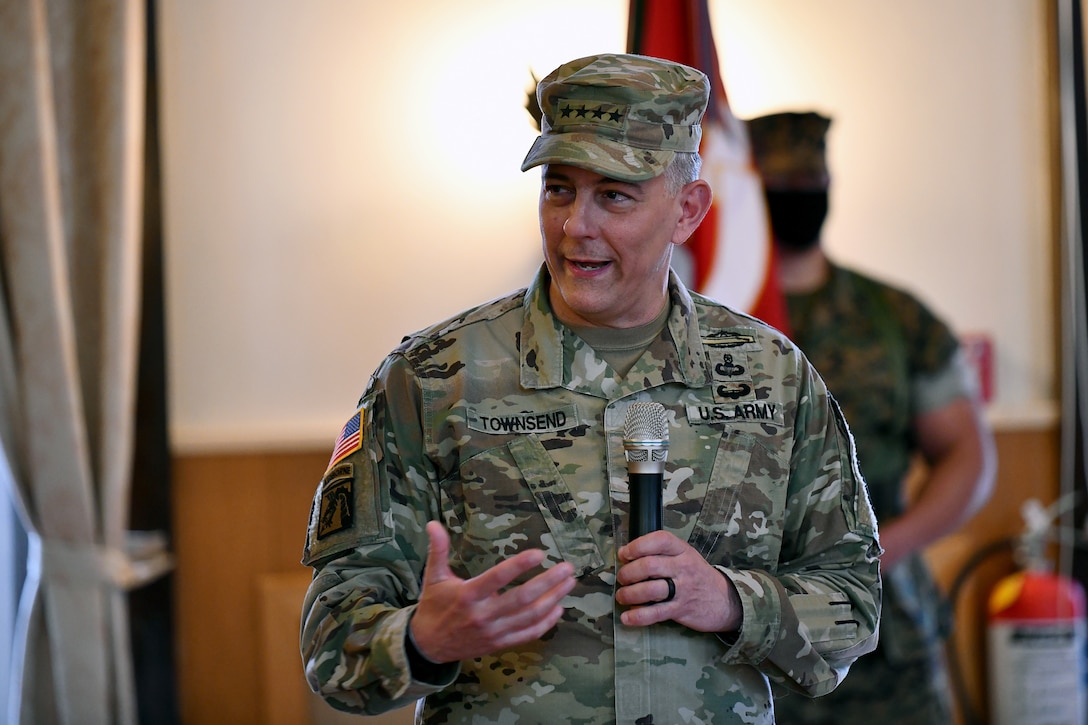 U.S. Army Gen. Stephen J. Townsend, commander of U.S. Africa Command, gives a speech during the U.S. Marine Corps Forces, Europe and Africa change of command ceremony at the U.S. Army Garrison Stuttgart firehouse in Boeblingen, Germany, May 6, 2021. This ceremony recognizes the significance of the passage of command, honors the accomplishments of the organization under the outgoing commander, and formally appoints the incoming commander. (U.S. Army Photo by Jason Johnston)