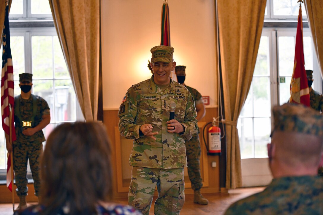 U.S. Army Gen. Stephen J. Townsend, commander of U.S. Africa Command, gives a speech during the U.S. Marine Corps Forces, Europe and Africa change of command ceremony at the U.S. Army Garrison Stuttgart firehouse in Boeblingen, Germany, May 6, 2021. This ceremony recognizes the significance of the passage of command, honors the accomplishments of the organization under the outgoing commander, and formally appoints the incoming commander. (U.S. Army Photo by Jason Johnston)