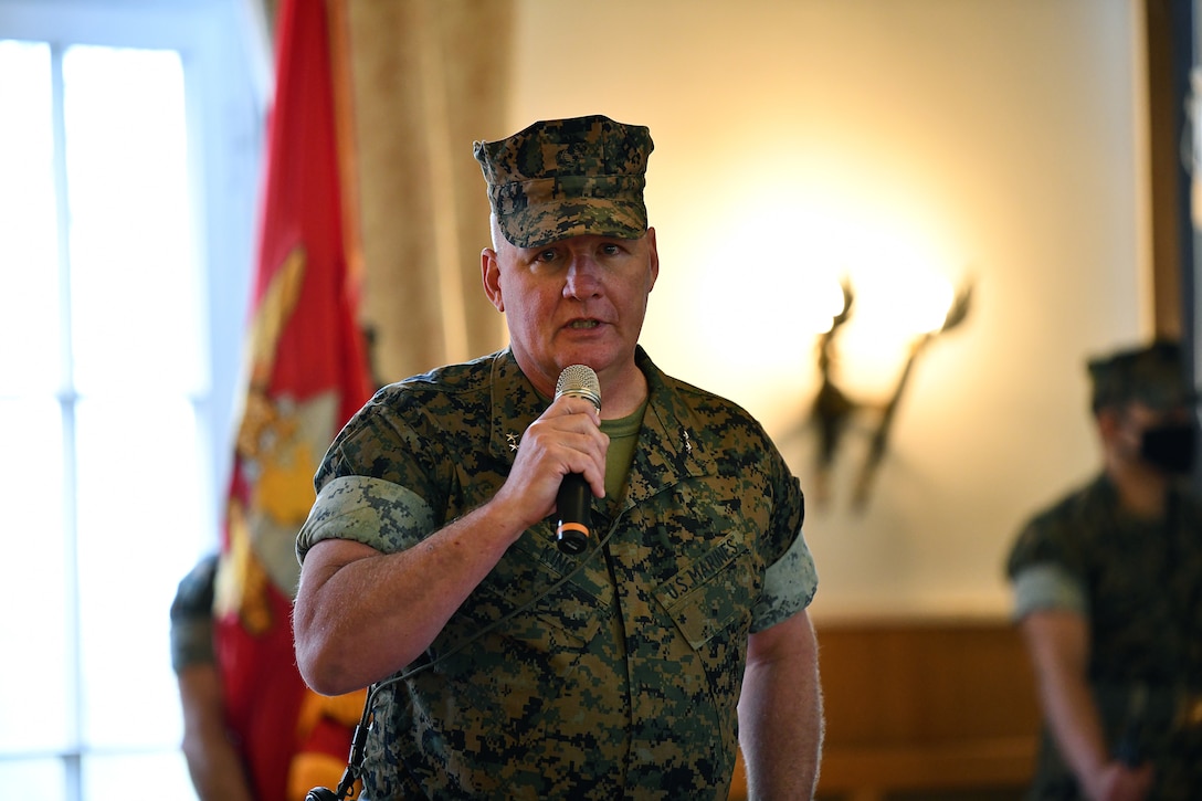Maj. Gen. Tracy W. King, incoming commander of U.S. Marine Corps Forces, Europe and Africa (MARFOREUR/AF), addresses the command during his speech as incoming commander during the MARFOREUR/AF change of command ceremony at the U.S. Army Garrison Stuttgart firehouse in Boeblingen, Germany, May 6, 2021. This ceremony recognizes the significance of the passage of command, honors the accomplishments of the organization under the outgoing commander, and formally appoints the incoming commander. (U.S. Army Photo by Jason Johnston)