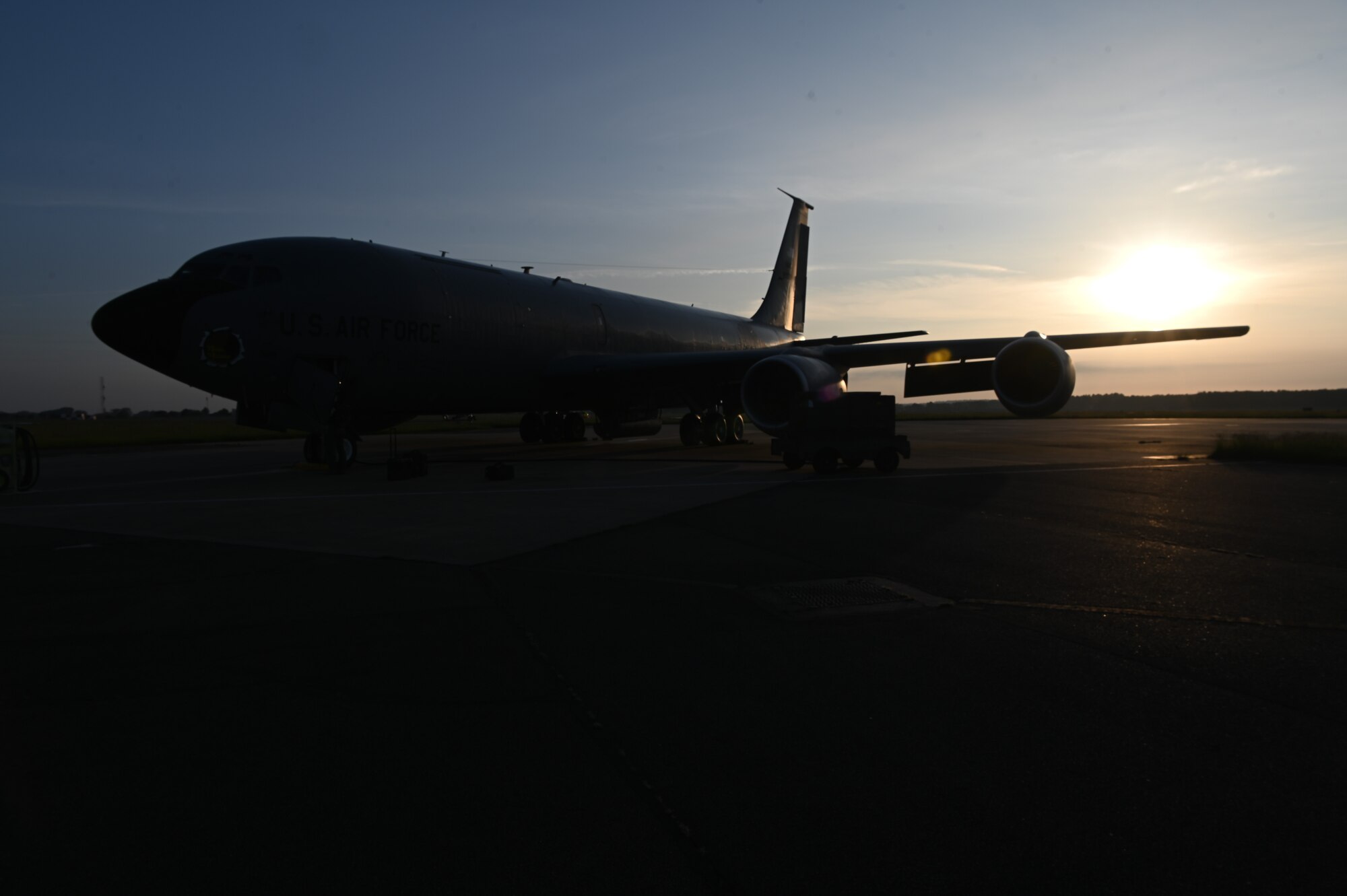 A KC-135 Stratotanker assigned to the 351st Air Refueling Squadron sits on the hardstand prior to takeoff at Royal Air Force Mildenhall, England, June 4, 2021. The 351st ARS flew over Omaha Beach, France, to honor Charles Norman Shay who served in the first wave attack on the beach. (U.S. Air Force photo by Staff Sgt. Matthew J. Wisher