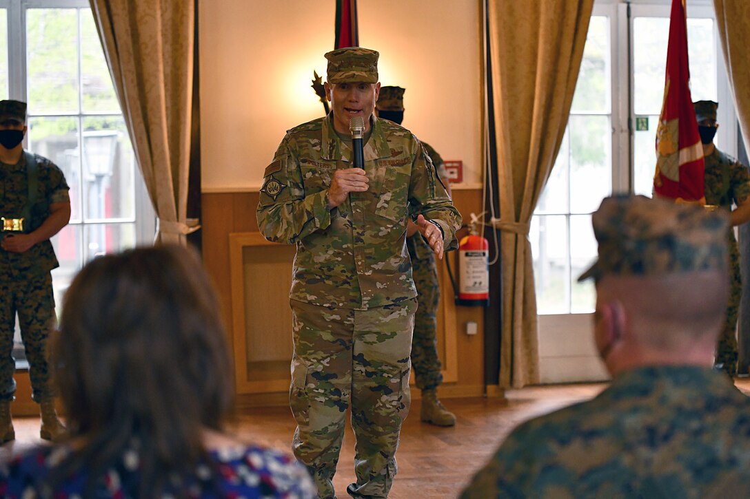 U.S. Army Gen. Tod D. Wolters, Commander of U.S. European Command, gives a speech during the U.S. Marine Corps Forces, Europe and Africa change of command ceremony at the U.S. Army Garrison Stuttgart firehouse in Boeblingen, Germany, May 6, 2021. This ceremony recognizes the significance of the passage of command, honors the accomplishments of the organization under the outgoing commander, and formally appoints the incoming commander. (U.S. Army Photo by Jason Johnston)