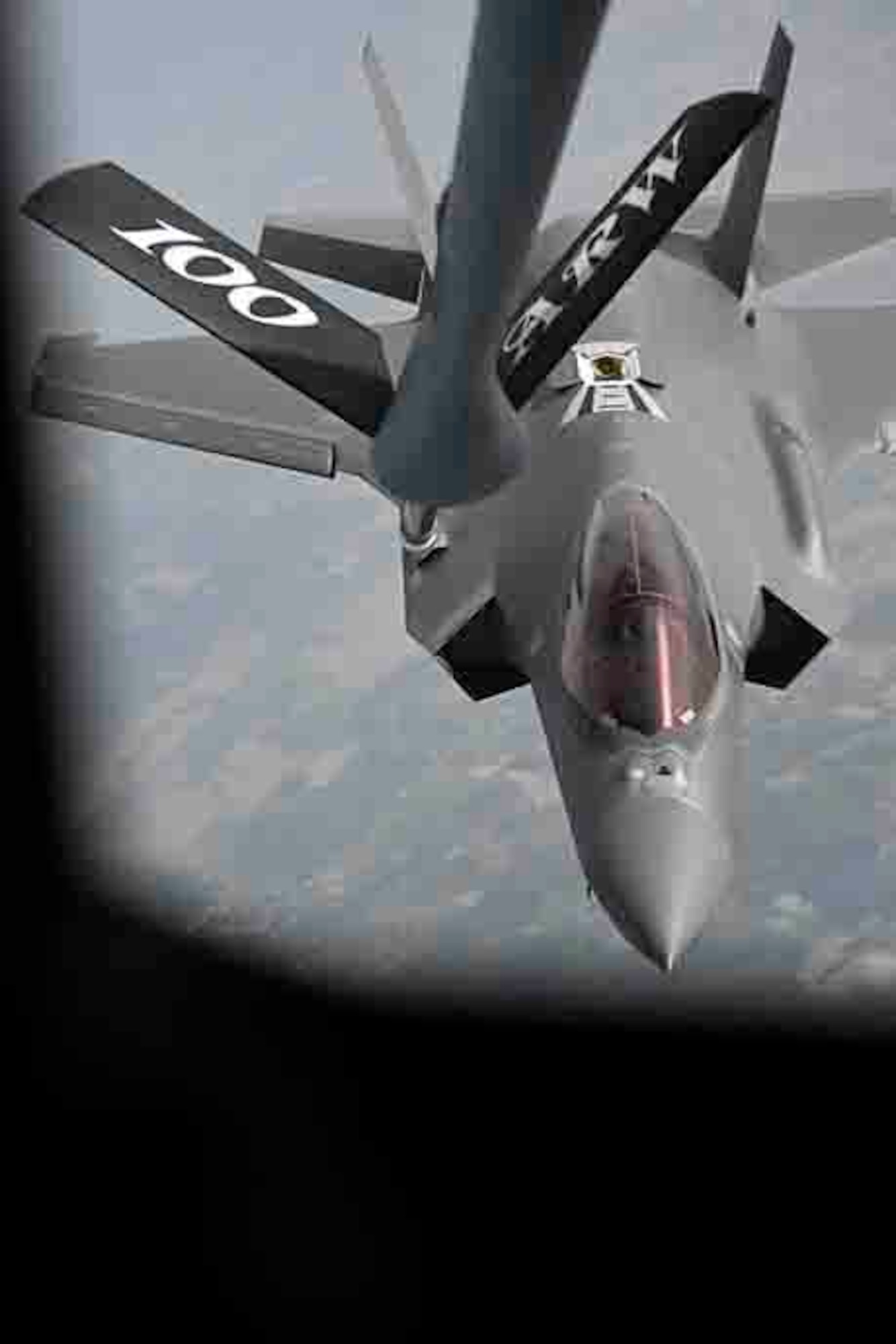 A U.S. Air Force F-35A Lightning II aircraft assigned to the 4th Fighter Squadron, Hill Air Force Base, Utah, prepares to receive fuel from a KC-135 Stratotanker aircraft assigned to the 100th Air Refueling Wing, Royal Air Force Mildenhall, England, over France during exercise Atlantic Trident, May 26, 2021. U.S. Air Forces in Europe - Air Forces Africa operate from locations with varying levels of capacity and support and ensure Airmen and aircrews are postured to deliver lethal combat power across the spectrum of military operations. (U.S. Air Force photo by Senior Airman Joseph Barron)