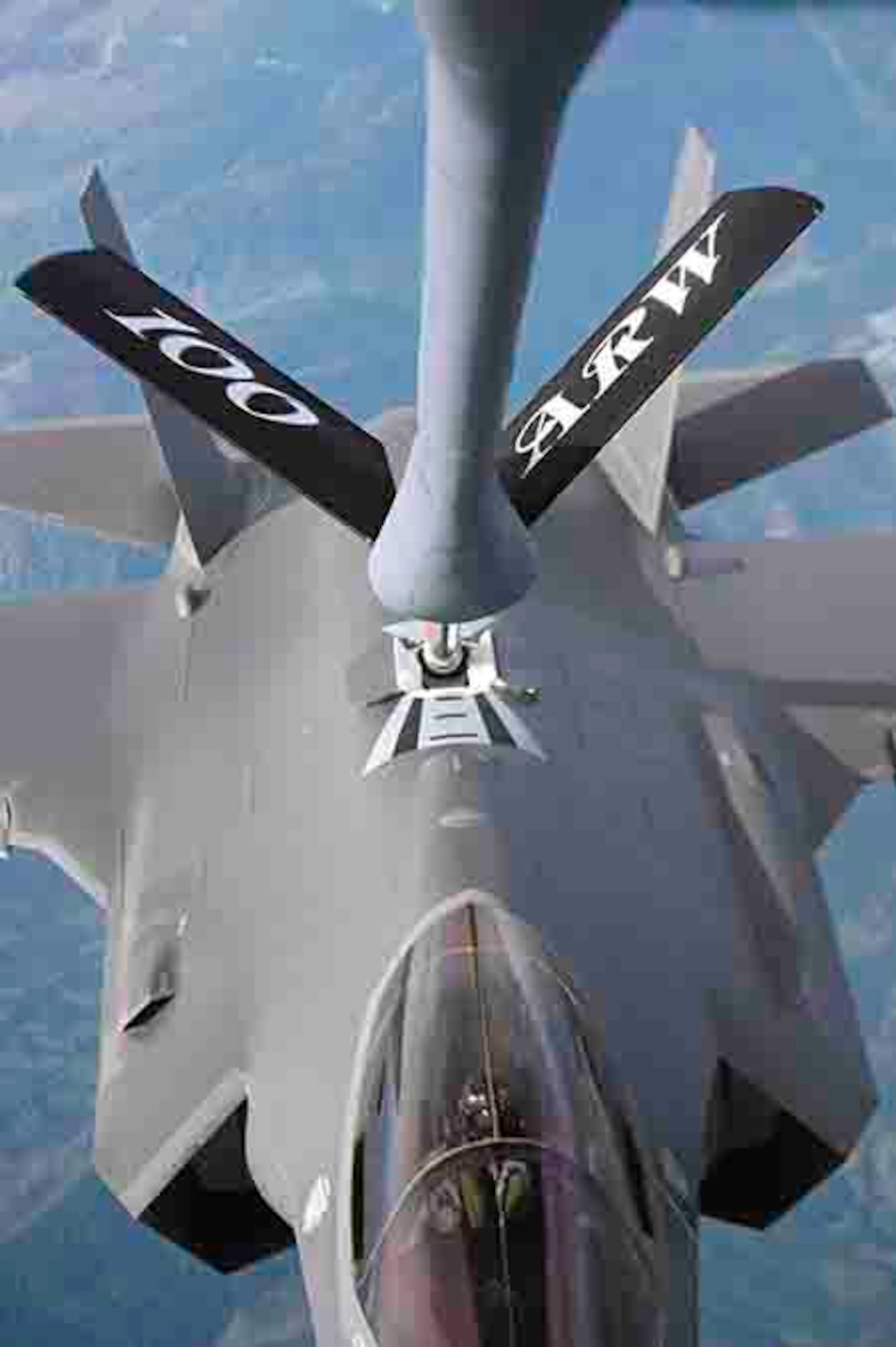 A U.S. Air Force F-35A Lightning II aircraft assigned to the 4th Fighter Squadron, Hill Air Force Base, Utah, receives fuel from a KC-135 Stratotanker aircraft assigned to the 100th Air Refueling Wing, Royal Air Force Mildenhall, England, over France during exercise Atlantic Trident, May 26, 2021. Participation in multinational exercises like Atlantic Trident 21 enhance our professional relationships and improves overall coordination with allies and partner militaries during times of crisis. (U.S. Air Force photo by Senior Airman Joseph Barron)
