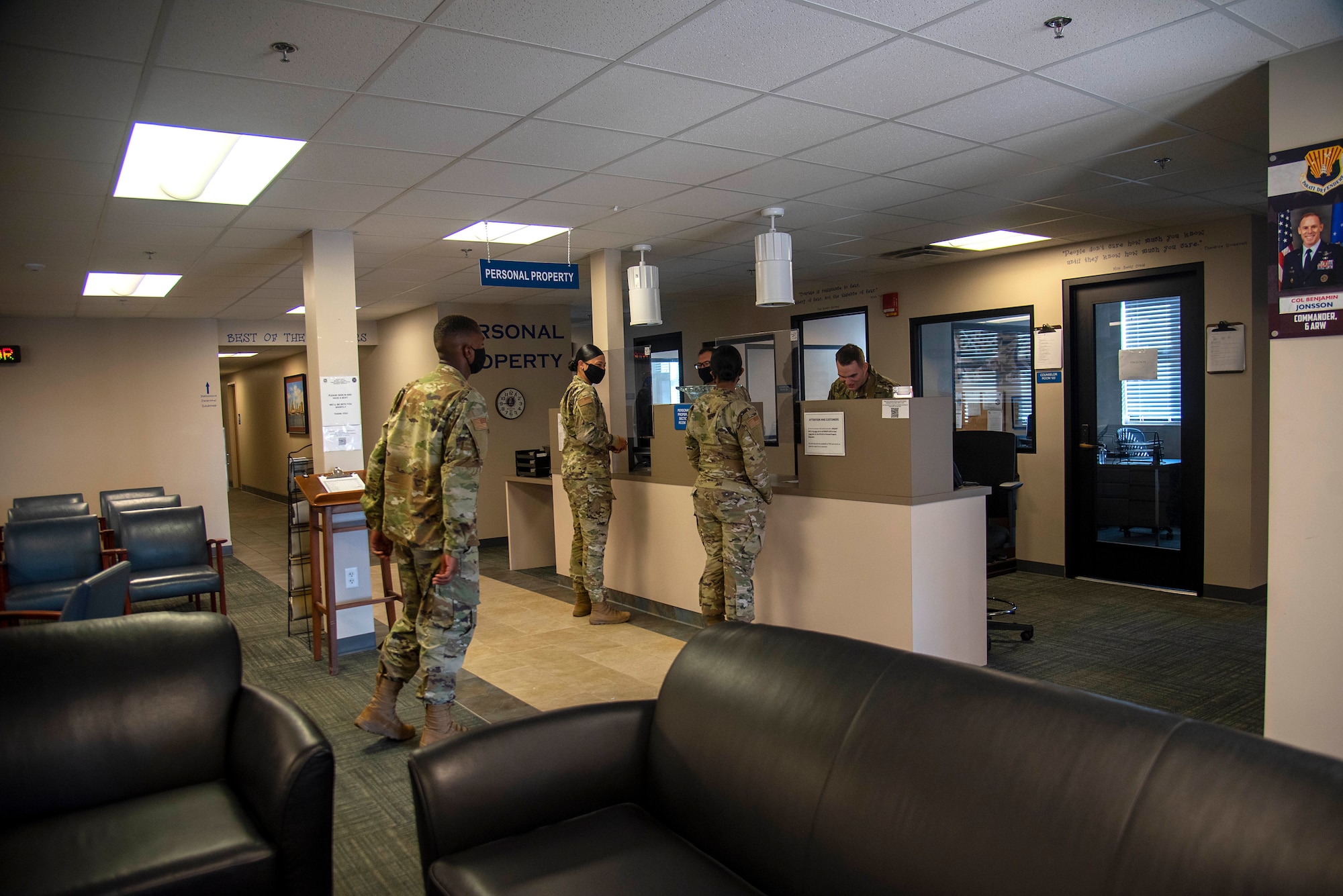 U.S. Air Force Airmen receive customer service from 6th Logistics Readiness Squadron (LRS) Traffic Management Office (TMO) technicians at MacDill Air Force Base, Florida, May 26, 2021. The 6th LRS TMO serves all military service branch members in the biggest area of responsibility in the State of Florida.