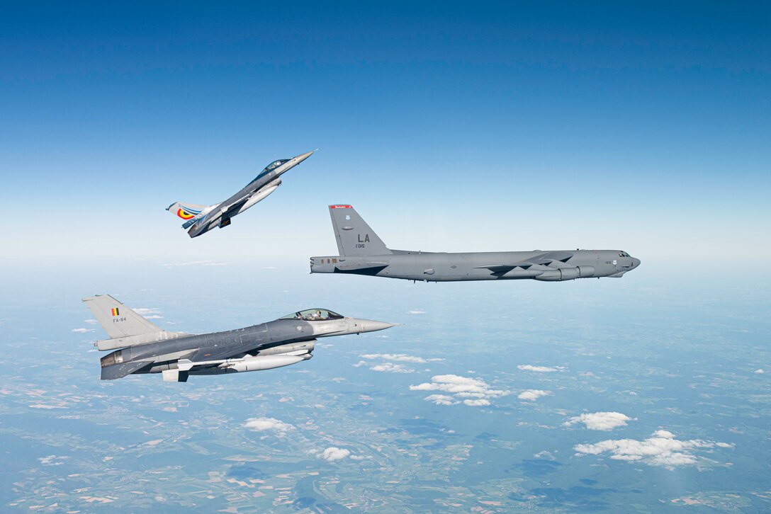 A B-52H Stratofortress operating out of Morón Air Base, Spain, is escorted by two Belgian air force F-16 Falcon aircraft during the Bomber Task Force Europe mission Allied Sky, May 31, 2021. Operations and engagements with allies and partners demonstrate and strengthen the shared commitment to global security and stability. (Courtesy photo by the Belgian air force)