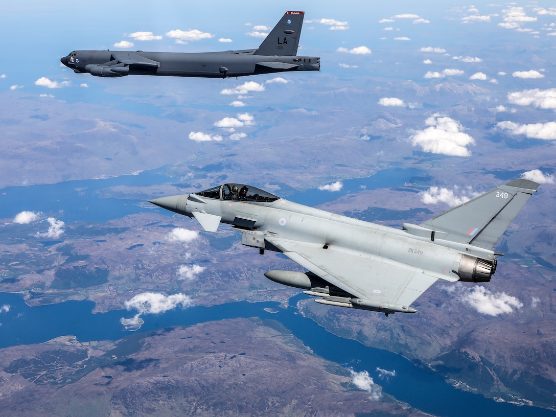 A B-52H Stratofortress operating out of Morón Air Base, Spain, is escorted by a Royal Air Force Eurofighter Typhoon during the Bomber Task Force Europe mission Allied Sky, May 31, 2021. Conducting operations with allies and partners in the European theater strengthens interoperability and relationships in the NATO alliance. (Courtesy photo by the Royal Air Force)