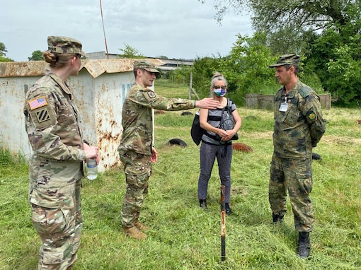 U.S. Army Reserve Staff Sgt. Christopher Branning, a team chief with the 773rd Civil Support Team, 7th Mission Support Command, provides chemical, biological, radiological, nuclear procedure suggestions to a Soldier from the Bulgarian Army's 38th CBRN Defence Battalion during a military-to-military exchange held in Sofia, Bulgaria, May 25-28, 2021. The event was designed to enhance relationships and interoperability with Allies and partner nations. (U.S. Army Reserve photo by Staff Sgt. Rosannie Murillo, 773rd CST)