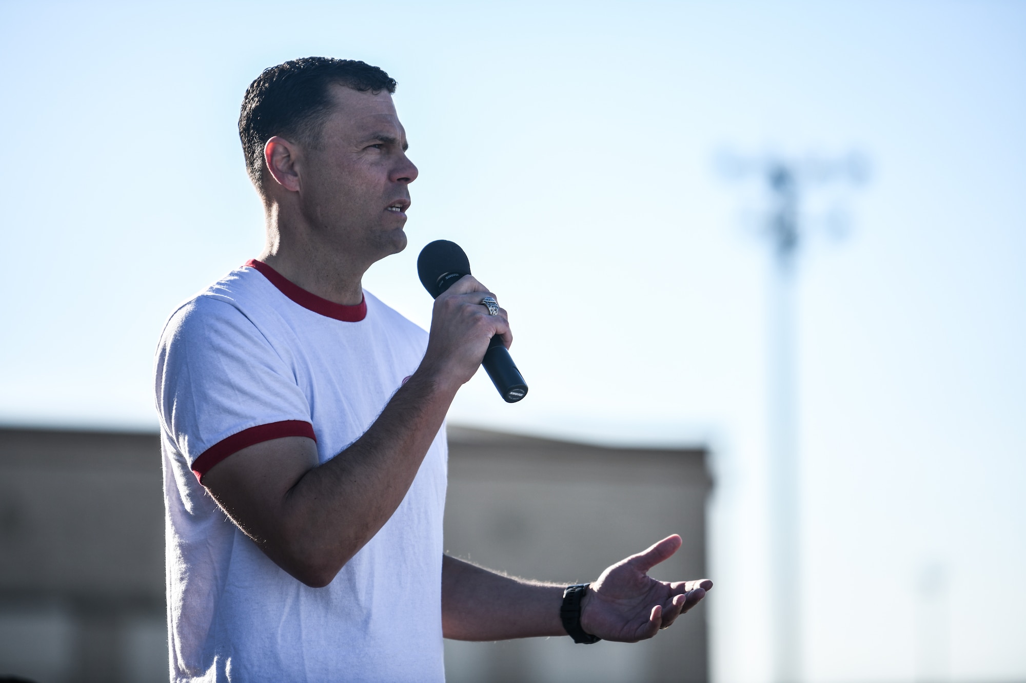 Col. Thad Middleton, 22nd Operations Group commander, gives an opening statement before the first annual Run-the-Runway event June 4, 2021, at McConnell Air Force Base, Kansas. The purpose of the event was to increase morale through fitness. (U.S. Air Force photo by Senior Airman Alan Ricker)