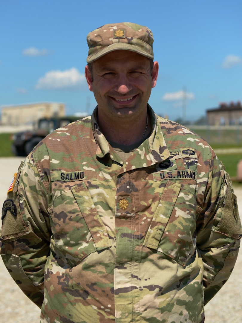 Maj. Andrew Salmo of Herrin, Illinois, the 38th Infantry Division plans officer, at the division's tactical operations center at Camp Atterbury near Edinburgh, Indiana, June 5, 2021. As part of the Army National Guard's aligned-for-training program, Salmo jumped at the opportunity to work at a division level.