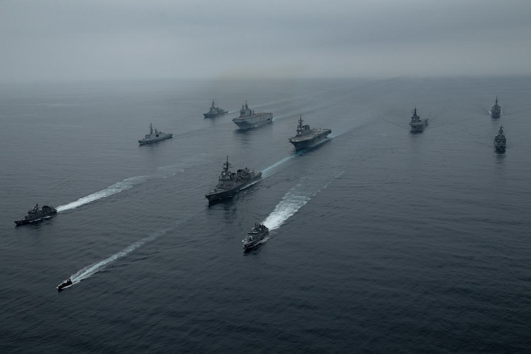 U.S, Australian, French, and Japanese naval assets, to include the Royal Australian Navy’s Anzac-class frigate HMAS Parramatta, the French Navy’s amphibious assault helicopter carrier FS Tonnerre, and Japan Maritime Self-Defense Force’s Ōsumi class tank landing ship JS Ōsumi, transit together during exercise Jeanne D’Arc 21, off the coast of Kagoshima, Japan, May 14, 2021. ARC-21 is an opportunity for U.S., French, Japanese and Australian forces to share experiences, tactics, and best practices to sharpen their skills together.