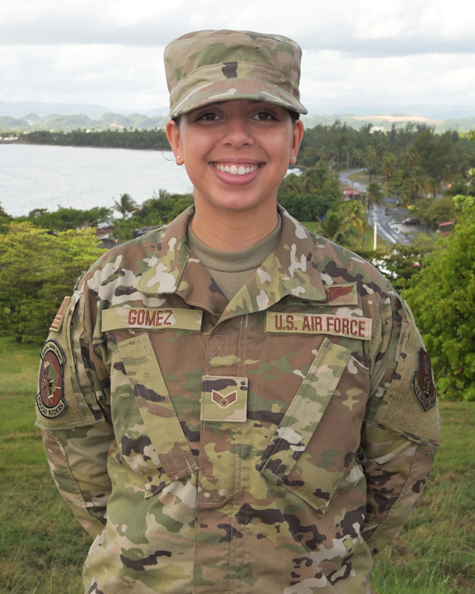 U.S. Air Force Senior Airman Amanda Gomez, an airborne missions systems operator with the 156th Operations Group, Puerto Rico Air National Guard, poses for a picture at Punta Salinas Air National Guard Station, Puerto Rico, June 3, 2021. (U.S. Air National Guard photo by Staff Sgt. Eliezer Soto)