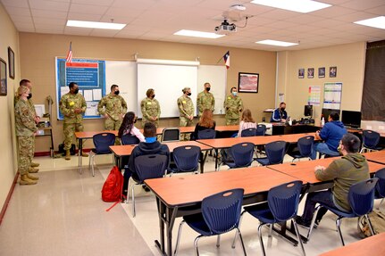 960th Cyberspace Wing Reserve Citizen Airmen speak to Junior Reserve Officer Training Corps students in Judson High School, Converse, Texas, May 19, 2021. (U.S. Air Force photo by Tech. Sgt. Iram Carmona)