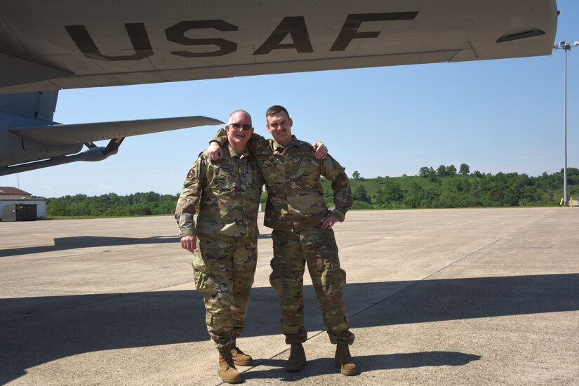 Senior Master Sgt. David Sparkman, Occupational Safety Manager, and Staff Sgt. Tyler Sparkman, Metals Technology Craftsman, pose for a photo at the 171st Air Refueling Wing, June 6, 2021.