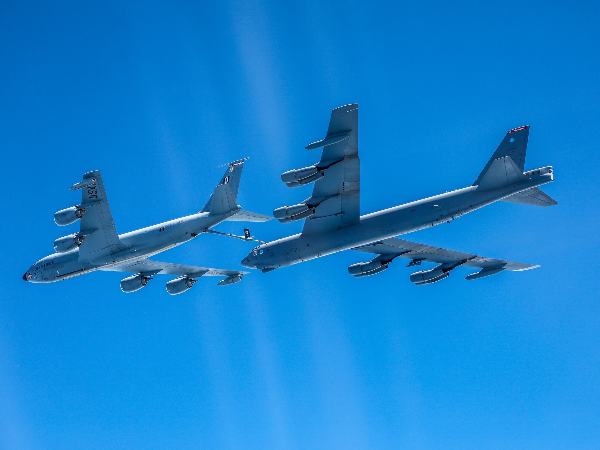 A B-52H Stratofortress operating out of Morón Air Base, Spain, is refueled by a KC-135 Stratotanker assigned to the 100th Air Refueling Wing, RAF Mildenhall, England, during the Bomber Task Force Europe mission Allied Sky, May 31, 2021. Bomber missions demonstrate the credibility of U.S. forces to address a global security environment that is more diverse and uncertain than at any other time in history. (Courtesy photo by the Royal Air Force)