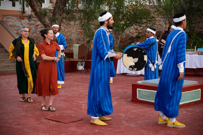 Utah Air National Guard doctors, dentists, and other healthcare professionals of the 151st Expeditionary Medical Group were welcomed to Morocco with live traditional Berber folk music and a dance performance by the Tafraoute citizens, June 6, 2021.