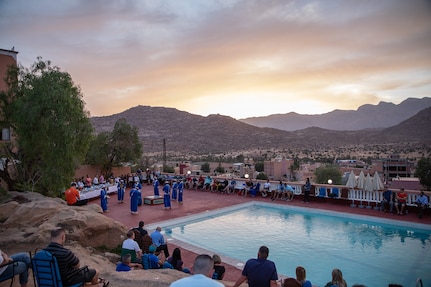 Utah Air National Guard doctors, dentists, and other healthcare professionals of the 151st Expeditionary Medical Group were welcomed to Morocco with live traditional Berber folk music and a dance performance by the Tafraoute citizens, June 6, 2021.