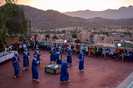 Utah Air National Guard doctors, dentists, and other healthcare professionals of the 151st Expeditionary Medical Group were welcomed to Morocco with live traditional Berber folk music and a dance performance by the Tafraoute citizens, June 6, 2021.