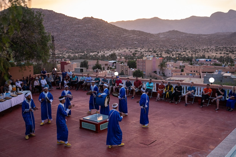 Utah Air National Guard doctors, dentists, and other healthcare professionals of the 151st Expeditionary Medical Group were welcomed to Morocco with live traditional Berber folk music and a dance performance by the Tafraoute citizens, June 6, 2021.