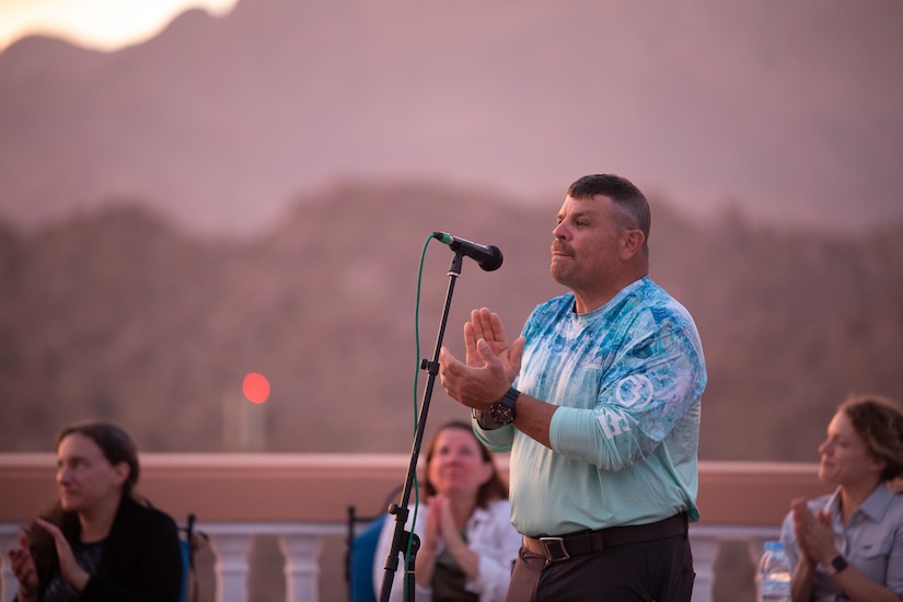 Utah Air National Guard doctors, dentists, and other healthcare professionals of the 151st Expeditionary Medical Group were welcomed to Morocco with live traditional Berber folk music and a dance performance by the Tafraoute citizens, June 6, 2021.