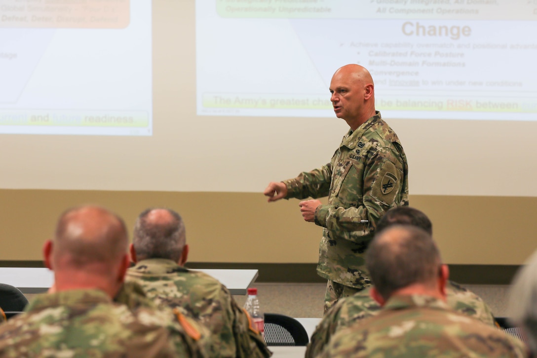 U.S. Army Reserve Brig. Gen. Michael M. Greer, deputy commanding general, U.S. Army Civil Affairs and Psychological Operations Command (Airborne), fields questions from exercise senior officers during Officer Professional Development (ODP) at Command Post Exercise – Functional (CPX-F) 21-02. Greer spoke on analyzing the competition, crisis and conflict to achieve capability overmatch under new conditions on today’s modern battlefield.