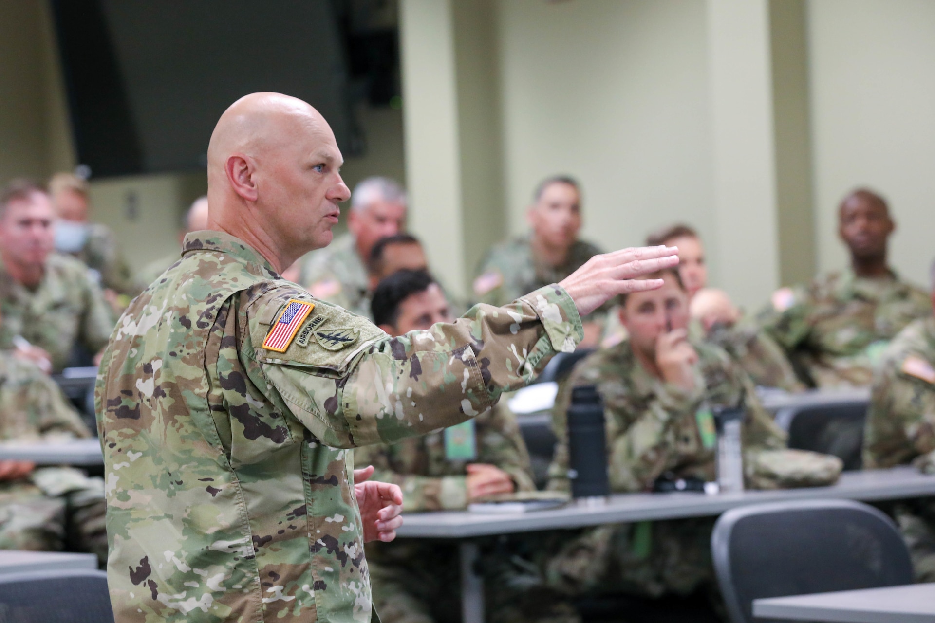 U.S. Army Civil Affairs and Psychological Operations Command (Airborne) senior staff officers at Command Post Exercise – Functional (CPX-F) 21-02 took part in a professional development briefing by U.S. Army Reserve Brig. Gen. Michael M. Greer, deputy commanding general, USACAPOC(A). Greer briefed exercise leaders on the analysis of competition, crisis and conflict to achieve capability overmatch under new conditions on today’s modern battlefield, as well as an additional follow-on seminar focused on leadership at the next level for interested individuals.