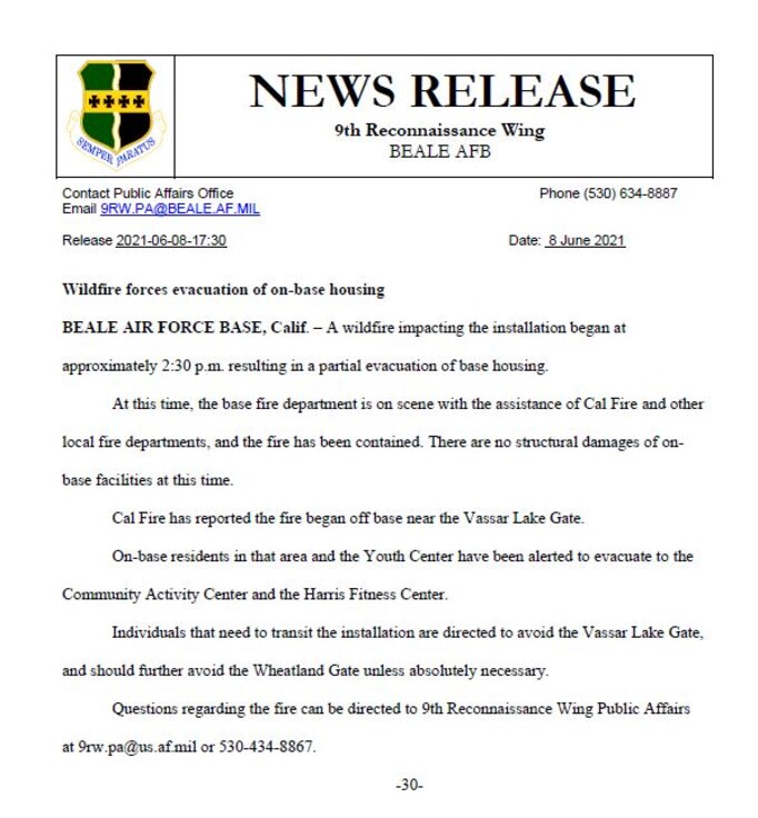 Beale AFB News Release Base Fire