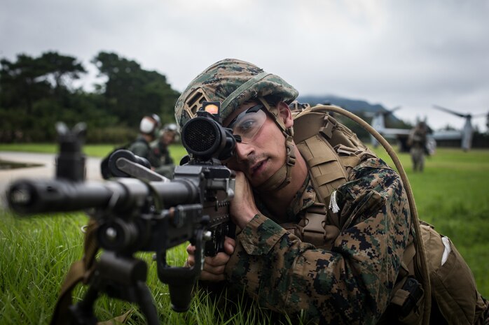 U.S. Marine Corps Lance Cpl. Carlos A. Brooks, a mortar man with Battalion Landing Team 3/5, 31st Marine Expeditionary Unit , posts security during a Tactical Recovery of Aircraft and Personnel exercise on Camp Hansen, Okinawa, Japan, May 25, 2021. Marines with the 31st MEU regularly conduct TRAP exercises to maintain proficiency and readiness. The 31st MEU, the Marine Corps’ only continuously forward-deployed MEU, provides a flexible and lethal force ready to perform a wide range of military operations as the premier crisis response force in the Indo-Pacific region.