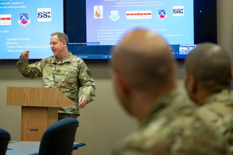 Lieutenant Gen. James Hecker, Air University commander and president, opens the inaugural China 'Belt and Road Initiative' training event, June 7, 2021, at the AU Teaching and Learning Center, Maxwell Air Force Base, Alabama.