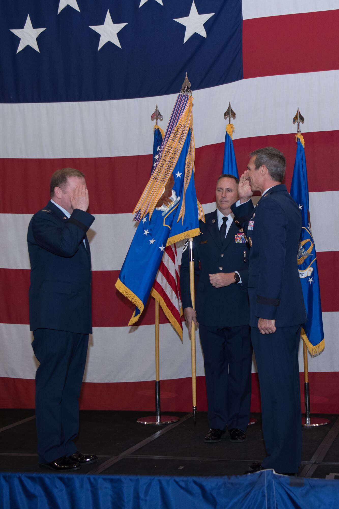 Maj. Gen. Radliff renders a salute to Lt. Gen. Richard Scobee to finalize the assumption of command.