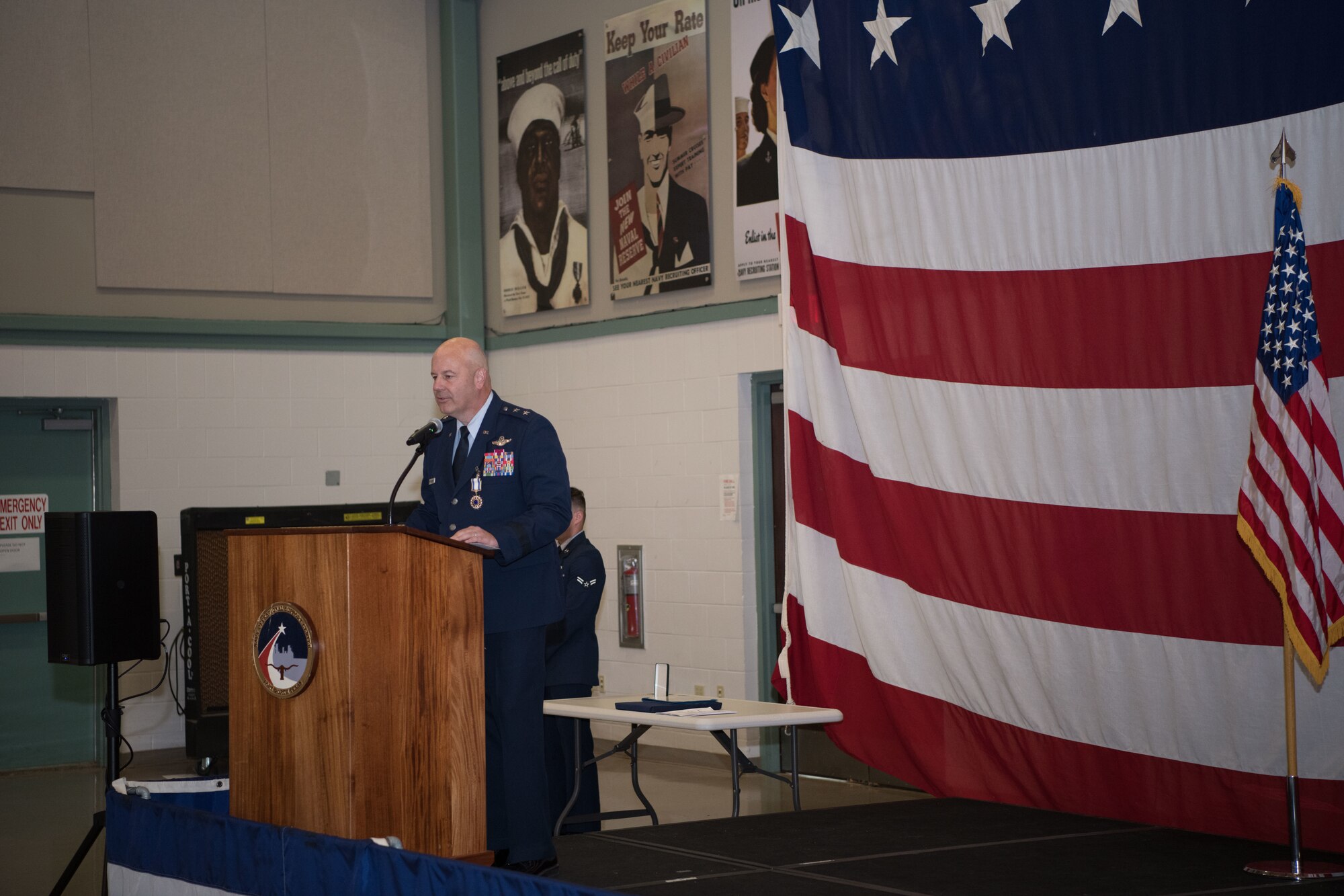 Maj Gen Brian Borgen addresses the audience for the final time as the Commander, Tenth Air Force.
