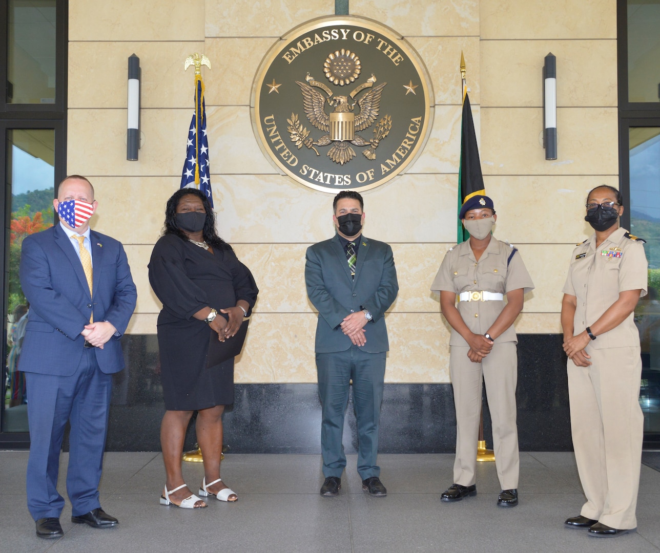 On June 1, 2021, two members of the Jamaica Defence Force become the first-ever appointed to the United States Coast Guard Academy—soon-to-be cadet Shawna Marie Sinclair and soon-to-be cadet Nicholas Folkes. Pictured left to right: Chargé d’affaires, John McIntyre; Elaine Chambers (mother of Potential Officer, Nicholas Folkes); Senator, the Honorable Matthew Samuda, Minister without Portfolio, Ministry of National Security; Potential Officer, Shawna Marie Sinclair; and Commodore Antonette Wemyss-Gorman Jamaica Defense Force.