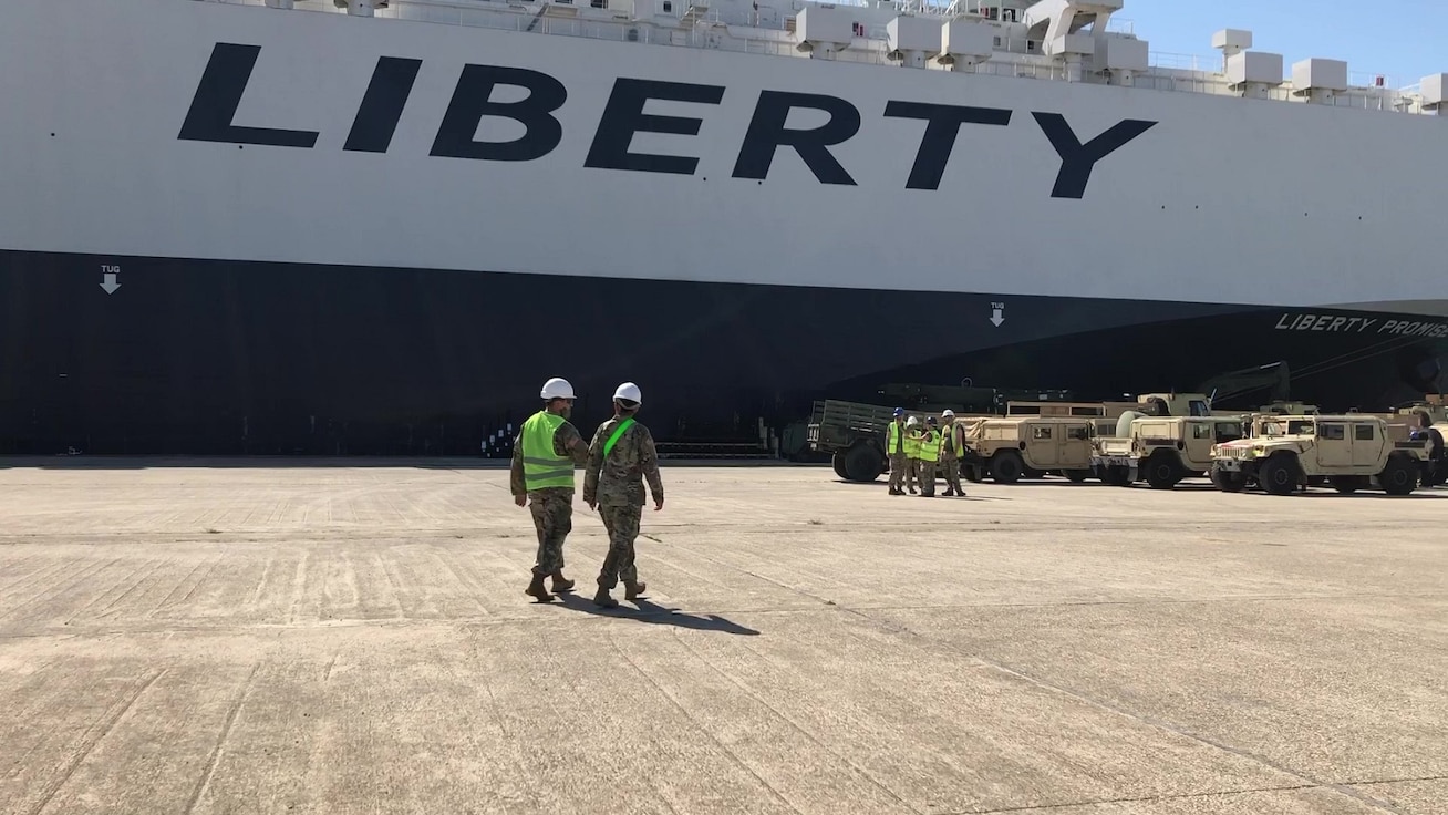 Soldiers from the 386th Movement Control Team conduct port operations at Alexandroupoli, Greece May 6. The 386th MCB ensured over 300 pieces of equipment were offloaded from the Liberty Promise vessel, tracked, and staged in preparation for onward movement in support of Defender Europe 21.