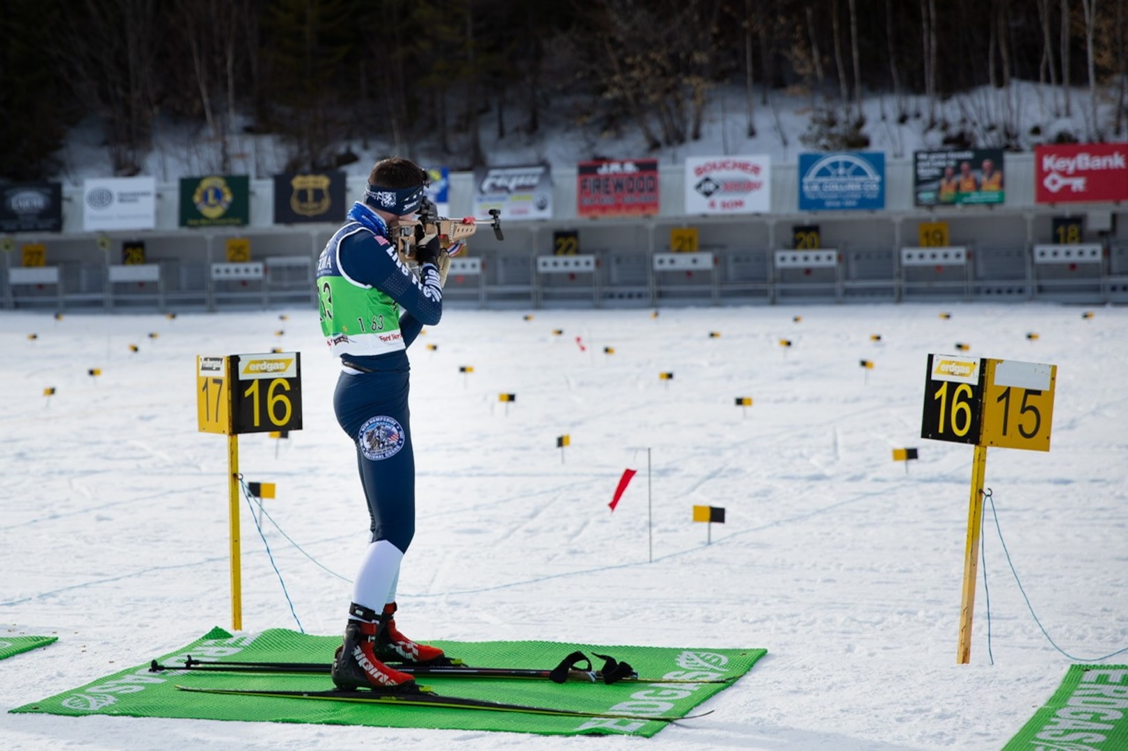 Spc. Thomas Echelberger shoots at the Biathlon Spring Fling on March 3, 2021, at Fort Kent, Maine. Echelberger placed sixth out of 35 competitors. (Courtesy photo)
